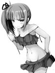  1girl ai_takurou anger_vein bangs bikini blunt_bangs blush collarbone eyebrows_visible_through_hair frilled_bikini frills greyscale hair_ribbon hip_bones holding kantai_collection kasumi_(kantai_collection) looking_at_viewer monochrome navel open_mouth ponytail ribbon side_ponytail sidelocks simple_background solo sweat swimsuit tan tanline white_background 