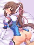  1girl :o all_fours anus ass bed_sheet blush bottomless brown_eyes brown_hair censored clothed_sex folks_(nabokof) gloves hair_ribbon hetero highres long_hair looking_at_viewer mosaic_censoring open_mouth penis pink_ribbon ponytail purple_background purple_legwear pussy ribbon saionji_reimi sex shiny shiny_skin shirt solo_focus star_ocean star_ocean_the_last_hope thighhighs vaginal white_gloves 