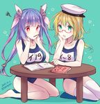  :d aqua_background bangs bare_arms bare_legs bare_shoulders barefoot blonde_hair blue_eyes blue_hair blue_swimsuit blunt_bangs blush book breasts character_name collarbone commentary_request dated flower-shaped_pupils glasses hair_ribbon hands_on_own_cheeks hands_on_own_face hat headgear i-19_(kantai_collection) i-8_(kantai_collection) kabocha_torute kantai_collection long_hair medium_breasts mouth_hold multiple_girls one-piece_swimsuit open_book open_mouth pencil pink_eyes pink_ribbon pointing red-framed_eyewear ribbon school_swimsuit semi-rimless_eyewear simple_background sitting smile squiggle star studying swimsuit symbol-shaped_pupils table tareme thighhighs translation_request twitter_username under-rim_eyewear wariza white_hat white_legwear yokozuwari 