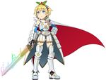  armor armored_boots blonde_hair blue_eyes boots bright_pupils cape elbow_gloves full_body fullbokko_heroes gloves go_robots greaves headdress holding holding_sword holding_weapon non-web_source official_art short_hair simple_background solo standing sword thigh_boots thighhighs weapon white_background 