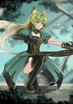  absurdres animal_ears arrow atalanta_(fate) blonde_hair bow_(weapon) cat_ears cat_tail drawing_bow fate/apocrypha fate_(series) green_eyes green_hair grimjin highres holding holding_arrow holding_bow_(weapon) holding_weapon long_hair multicolored_hair one_knee outstretched_arm solo tail thighhighs two-tone_hair very_long_hair weapon 