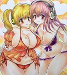  2girls blonde_hair blush breasts cleavage curvy erect_nipples headphones large_breasts long_hair looking_at_viewer multiple_girls navel nitroplus open_mouth orange_eyes pink_hair plump red_eyes smile super_pochaco super_sonico swimsuit wide_hips 