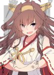  1girl ahoge bare_shoulders brown_hair crossed_arms detached_sleeves eyebrows_visible_through_hair eyes_visible_through_hair fang hairband headgear highres japanese_clothes kantai_collection kimono kongou_(kantai_collection) long_hair nontraditional_miko purple_eyes ribbon-trimmed_sleeves ribbon_trim sakakiba_misogi solo v-shaped_eyebrows white_kimono wide_sleeves 