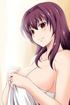  blush breasts cleavage collarbone fate/grand_order fate_(series) hair_intakes highres jewelry long_hair medium_breasts naked_towel nishi_koutarou purple_hair red_eyes ring scathach_(fate)_(all) scathach_(fate/grand_order) shiny shiny_hair sidelocks smile solo towel wedding_band 