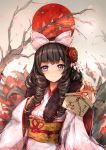  1girl absurdres bangs black_hair blue_eyes blush bow cherry_blossoms closed_mouth commentary_request drill_hair ema eyebrows_visible_through_hair flower girls_frontline hair_flower hair_ornament hair_ribbon hand_on_own_chest hands_up highres holding howa_type_64_(girls_frontline) japanese_clothes japanese_flag kimono long_hair obi petals pink_bow pink_kimono ribbon sash sidelocks smile solo tree tree_branch trrcmb upper_body 
