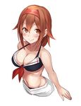  adapted_costume bikini black_bikini blush breasts brown_eyes cleavage collarbone cropped_torso fumikiri hair_between_eyes kantai_collection large_breasts looking_at_viewer navel red_hair sarong shiratsuyu_(kantai_collection) short_hair simple_background smile solo swimsuit upper_body white_background white_sarong 