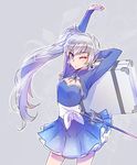 blue_dress blue_eyes commentary_request dress earrings hair_ornament iesupa jewelry long_hair myrtenaster one_eye_closed ponytail rapier revision rwby scar scar_across_eye solo suitcase sword weapon weiss_schnee white_hair 