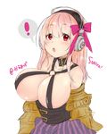  1girl bare_shoulders blush breasts clavicle cleavage collar cosplay fate/extra fate/extra_ccc fate_(series) female hair_ornament hair_ribbon headphones large_breasts long_hair looking_at_viewer nitroplus nochan o-ring o-ring_top open_mouth passion_lip_(cosplay) passionlip pink_hair red_eyes ribbon solo super_sonico upper_body 