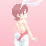  1girl aioi_yuuko animal_ears ass blush bunny_ears bunnysuit child closed_mouth cowboy_shot fake_animal_ears fake_tail female from_behind looking_at_viewer looking_back nichijou orange_peel_(artist) profile simple_background smile solo tail white_legwear 