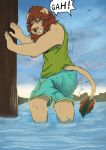  anthro biped clothing darkglider day feces felid fur grunting hair humanoid_hands leo_blake lion male mammal outside pantherine scat shirt shorts sky soiling solo standing water 