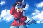  2019 5_fingers anthro athletic aviator_glasses black_fur black_hair blue_fur bottomless breasts clothed clothing cloud conditional_dnp erin_(kawfee) eyewear female fur glasses hair half-closed_eyes headphones hip_fluff kawfee looking_at_viewer lucario nintendo outside phone pok&eacute;mon pok&eacute;mon_(species) pok&eacute;morph red_eyes short_hair shoulder_fluff sky smile smirk solo spike_(disambiguation) standing sweater thick_thighs video_games yellow_fur 