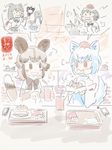  african_wild_dog_(kemono_friends) african_wild_dog_print animal_ears bear_ears bear_paw_hammer black_hair brown_bear_(kemono_friends) cerulean_(kemono_friends) commentary detached_sleeves dog_ears dog_tail eavesdropping food french_fries gensoukoumuten hamburger hat highres inubashiri_momiji kemono_friends multiple_girls pointy_ears pom_pom_(clothes) red_eyes ribbon-trimmed_sleeves ribbon_trim shameimaru_aya short_hair short_sleeves silver_hair soft_drink tail tokin_hat touhou white_hair wolf_ears wolf_tail 