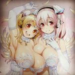  2girls angel_wings arm_up armpits blonde_hair blush breasts cleavage cowboy_shot dress elbow_gloves female gloves highres jewelry large_breasts long_hair looking_at_viewer midriff multiple_girls navel nitroplus open_mouth pink_hair plump red_eyes smile stomach super_pochaco super_sonico tsuji_santa upper_body v wedding_dress wife_and_wife wings yellow_eyes 