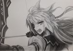  absurdres ahoge aiming animal_ears arrow atalanta_(fate) bow_(weapon) cat_ears cat_tail drawing_bow fang fate/apocrypha fate_(series) gloves highres holding holding_arrow holding_bow_(weapon) holding_weapon long_hair monochrome open_mouth outstretched_arm solo tail thu_(poland) weapon 