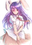  absurdres animal_ears bangs breasts brown_skirt bunny_ears closed_mouth collared_shirt eyebrows_visible_through_hair hand_on_own_arm highres kushidama_minaka long_hair looking_at_viewer medium_breasts necktie pointing pointing_down purple_eyes purple_hair red_neckwear reisen_udongein_inaba shirt short_sleeves simple_background sketch skirt smile solo tareme touhou upper_body white_background white_shirt wing_collar 