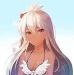  ahoge bikini_top breasts cleavage dark_skin flower granblue_fantasy hair_flower hair_ornament light_smile long_hair looking_at_viewer medium_breasts red_eyes rockzero solo white_bikini_top white_hair zooey_(granblue_fantasy) 