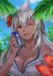  ;d ahoge breasts can chao_(chaoticalien) cleavage dark_skin flower granblue_fantasy hair_flower hair_ornament highres large_breasts long_hair looking_at_viewer one_eye_closed open_mouth orange_eyes palm_leaf smile solo very_long_hair white_bikini_top white_hair zooey_(granblue_fantasy) 