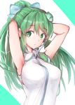  :o absurdres alternate_hairstyle armpits arms_behind_head arms_up blue_bow blush bow breasts eyebrows_visible_through_hair frog_hair_ornament green_eyes green_hair hair_bow hair_ornament hair_tubes highres kochiya_sanae kushidama_minaka long_hair looking_at_viewer medium_breasts parted_lips single_sidelock sketch sleeveless solo tareme touhou two-tone_background tying_hair upper_body vest white_vest 