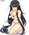  absurdres barefoot black_hair blush bra breasts collarbone eyebrows_visible_through_hair flying_sweatdrops green_eyes hair_tubes highres kantai_collection kiritto long_hair medium_breasts mizuho_(kantai_collection) open_mouth panties red_ribbon ribbon simple_background solo tears toes twitter_username underwear underwear_only very_long_hair white_background 