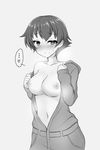  blush breasts girls_und_panzer greyscale highres jumpsuit large_breasts looking_at_viewer monochrome nakajima_(girls_und_panzer) nipples no_bra ryochapu smile solo sweat undressing 