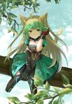  animal_ears atalanta_(fate) blonde_hair bow_(weapon) cat_ears cat_tail fate/apocrypha fate_(series) green_eyes green_hair hand_in_hair highres long_hair multicolored_hair shishima sitting solo tail thighhighs two-tone_hair very_long_hair weapon 