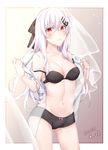  albino arms_up ass_visible_through_thighs bangs bare_shoulders black_bra black_panties black_ribbon blush bra breasts closed_mouth collarbone commentary_request cowboy_shot dated expressionless eyebrows_visible_through_hair eyes_visible_through_hair girls_frontline gleam hair_between_eyes hair_ornament hair_ribbon hairclip head_tilt highres holding_shirt iws-2000_(girls_frontline) light_particles long_hair looking_at_viewer medium_breasts navel p-mou panties red_eyes ribbon see-through shading shirt sidelocks simple_background solo standing stomach thighs underwear undressing white_hair white_shirt 