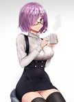  black_dress black_legwear bra breasts cup dress eyebrows_visible_through_hair fate/grand_order fate_(series) glasses hair_over_one_eye high-waist_skirt highres holding holding_cup large_breasts long_sleeves looking_at_viewer mash_kyrielight meme_attire panties pantyshot pantyshot_(sitting) pink_bra pink_hair purple_eyes see-through short_hair simple_background sitting skirt smile solo ssamjang_(misosan) steam thighhighs turtleneck two-tone_dress underwear virgin_killer_outfit white_background white_dress 