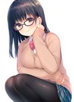  bangs black_hair black_legwear blue_skirt blush bow bowtie breasts brown-framed_eyewear brown_eyes brown_sweater collared_shirt commentary_request eyebrows_visible_through_hair glasses hand_on_own_cheek hand_up highres large_breasts long_hair long_sleeves looking_at_viewer original pantyhose parted_lips pink_bow plaid plaid_skirt pleated_skirt red_neckwear school_uniform shirt simple_background skirt sleeves_past_wrists smile solo squatting sweater tareme usashiro_mani white_background white_shirt wing_collar 