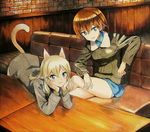  animal_ears bangs bent_over blonde_hair blue_eyes blush bomber_jacket brick brick_wall brown_hair closed_mouth couch crossed_legs eyebrows fox_ears fox_tail green_jacket grey_panties hair_between_eyes hand_on_thigh hands_on_own_cheeks hands_on_own_face indoors jacket leaning leaning_forward long_hair long_sleeves looking_at_viewer marker_(medium) military military_uniform multiple_girls ottilie_kittel panties shiratama_(hockey) short_hair sitting smile table tail traditional_media tsurime underwear uniform waltraud_nowotny world_witches_series 
