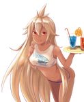 ahoge breasts cup dark_skin drinking_glass granblue_fantasy highres lank_(lanclisser) large_breasts leaning_forward long_hair looking_at_viewer midriff red_eyes shirt smile solo tied_shirt transparent_background tray very_long_hair white_bikini_bottom white_hair zooey_(granblue_fantasy) 