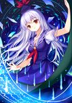  bare_arms blue_dress blue_hair blue_hat breasts closed_mouth dress hat kamishirasawa_keine long_hair looking_at_viewer medium_breasts mirror_(xilu4) neckerchief puffy_short_sleeves puffy_sleeves red_eyes red_neckwear scroll short_sleeves solo touhou wavy_hair 