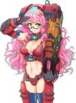  armor backpack bag breasts butterfly_on_hair cleavage glasses gloves green_eyes gun hair_ornament hmage long_hair machine_gun mecha_musume medium_breasts monarch_(titanfall_2) navel personification pink_hair stomach thighhighs titanfall titanfall_2 transparent_background weapon 