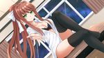  black_bra bow bra breasts brown_hair cleavage doki_doki_literature_club dutch_angle eyebrows_visible_through_hair green_eyes hair_bow high_ponytail highres indoors kazenokaze long_hair looking_at_viewer md5_mismatch medium_breasts monika_(doki_doki_literature_club) open_clothes open_shirt ponytail reaching_out revision shirt sitting sky smile solo star_(sky) starry_sky thighhighs underwear window 