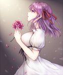 akira_(aky-la) artist_name bangs black_ribbon breasts commentary dress eyebrows_visible_through_hair fate/stay_night fate_(series) flower hair_ribbon heaven's_feel highres holding holding_flower light light_particles long_hair looking_away looking_up matou_sakura medium_breasts open_mouth petals pink_flower purple_eyes purple_hair red_ribbon ribbon short_sleeves solo upper_body white_dress 