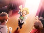  arm_up blonde_hair clenched_hand dutch_angle game_cg idolmaster idolmaster_side-m idolmaster_side-m_live_on_stage! kaerre male_focus multiple_boys official_art otoko_no_ko pierre_(idolmaster) smile solo_focus stage standing standing_on_one_leg stuffed_animal stuffed_frog stuffed_toy takajou_kyouji watanabe_minori 