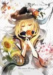  blonde_hair cherry_blossoms cover detached_sleeves flower hat hisona_(suaritesumi) long_hair looking_at_viewer matara_okina orange_eyes solo sunflower tabard touhou wide_sleeves 