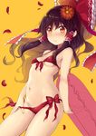  bare_arms bare_shoulders bikini black_hair bow breasts commentary_request cowboy_shot flower front-tie_bikini front-tie_top hair_bow hair_flower hair_ornament hair_tubes hakurei_reimu halter_top halterneck highres innertube long_hair minamura_haruki navel orange_eyes petals red_bikini red_bow red_flower side-tie_bikini sidelocks simple_background small_breasts solo standing stomach swimsuit touhou underboob yellow_background 