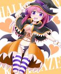  ass_visible_through_thighs bat_wings breasts bubble_skirt capelet commentary_request fang fingerless_gloves gloves halloween hat ichimi kamikaze_(kantai_collection) kantai_collection long_hair looking_at_viewer medium_breasts no_bra open_mouth pink_hair purple_eyes skirt smile solo striped striped_legwear thighhighs two-tone_panties underboob wings witch_hat 