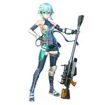  1girl blue_hair green_eyes gun long_boots official_art short_hair sinon_(sao) sniper sniper_rifle solo sword_art_online tagme 