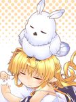  ahoge animal animal_on_head bangs bare_shoulders bianco bird bird_on_head blonde_hair blush bubble_background closed_eyes collarbone dress granblue_fantasy heavy hemogurobin_a1c living_hair long_hair melissabelle on_head pillow pointy_ears sleeping strap_slip trembling very_long_hair wavy_mouth white_dress 