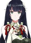  bare_shoulders black_eyes black_hair detached_sleeves dress green_dress hair_ornament hair_ribbon hair_tubes highres japanese_clothes kantai_collection long_hair looking_at_viewer mizuho_(kantai_collection) morinaga_miki ribbon sidelocks simple_background smile solo very_long_hair white_background 