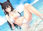  animal_ears artist_name atago_(azur_lane) azur_lane bare_legs barefoot bikini black_hair blush breasts cameltoe cleavage closed_mouth collarbone day dutch_angle eyebrows_visible_through_hair flower hair_flower hair_ornament horizon kaetzchen large_breasts leaning_back long_hair looking_at_viewer mole mole_under_eye navel ocean outdoors partially_submerged petals sitting smile solo spread_legs swimsuit water wet white_bikini wristband yellow_eyes 
