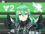 &gt;:) black_jacket black_wings brooch closed_mouth colored_eyelashes crota destiny_(game) gem green_eyes green_hair hair_between_eyes hair_ornament hairclip jacket jewelry kuroda_kuwa logo long_hair looking_at_viewer number open_clothes open_jacket ponytail smile two-tone_background upper_body v-shaped_eyebrows warlock_(destiny) wings 