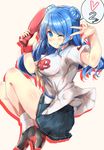  ;d absurdres alternate_costume baseball_cap baseball_uniform blue_eyes blue_hair breasts clothes_writing commentary_request double_bun hat highres hiroshima_touyou_carp kantai_collection large_breasts long_hair nagisa_(imizogami) nippon_professional_baseball one_eye_closed open_mouth pleated_skirt short_sleeves skirt smile socks solo sportswear urakaze_(kantai_collection) v 