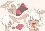  animal_ears blanket candy covering_with_blanket fangs floating_hand food furry happy lollipop made_in_abyss nanachi_(made_in_abyss) short_hair_with_long_locks simple_background sleeping tears whiskers white_hair yama_gan yellow_eyes 