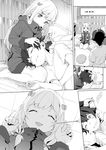  1girl barefoot brother_and_sister closed_eyes comic ear_cleaning eromanga_sensei greyscale highres izumi_masamune izumi_sagiri jacket kuromoto-kun_(rina_masimaro) lap_pillow long_hair lying mimikaki monochrome no_pants on_floor on_side one_eye_closed open_mouth ribbon short_hair siblings silent_comic sitting smile sweatdrop 