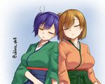  blue_hair blue_hakama brown_hair closed_eyes green_hakama green_kimono hakama hakama_skirt hiryuu_(kantai_collection) japanese_clothes kantai_collection kimono multiple_girls one_side_up orange_kimono short_hair sleeping souryuu_(kantai_collection) twintails twitter_username upper_body youryokuso_(chlorophyll) 