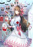  bat blood brown_hair candy cross dress food hair_ribbon hat infirmary interitio intravenous_drip nurse nurse_cap pink_ribbon red_cross red_eyes ribbed_dress ribbon sid_story silk skull solo spider_web syringe uniform 