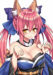  animal_ears bare_shoulders blue_ribbon blush breasts cleavage closed_mouth fate/extra fate_(series) fox_ears fox_tail google_(asdek18) hair_ribbon japanese_clothes large_breasts long_hair looking_to_the_side pink_hair ribbon simple_background smile solo tail tamamo_(fate)_(all) tamamo_no_mae_(fate) twintails upper_body white_background yellow_eyes 