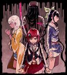  3girls armband bandages beads black_hair blood bow brown_eyes chabashira_tenko choker clenched_hands clenched_teeth closed_eyes coat crying crying_with_eyes_open danganronpa dark_skin hair_bow hairband hands_clasped hat highres multiple_girls navel new_danganronpa_v3 own_hands_together prayer_beads red_hair shinguuji_korekiyo sickle skirt spoilers sweater_vest sword tears teeth weapon white_hair yonaga_angie yumeno_himiko yyy246 